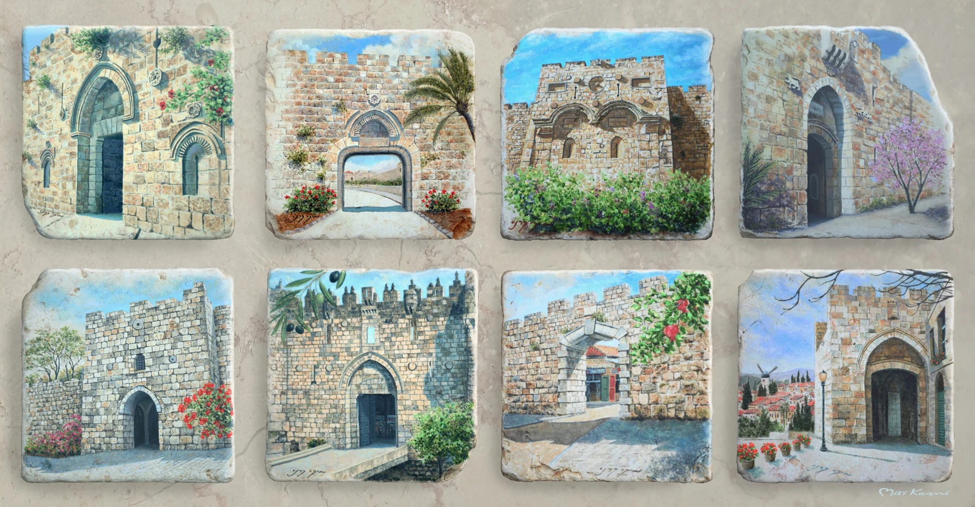 יצירה אחת המרכזת שמונה מבטים מצוירים של שעריה ההיסטוריים של ירושלים על אבן טבעית.