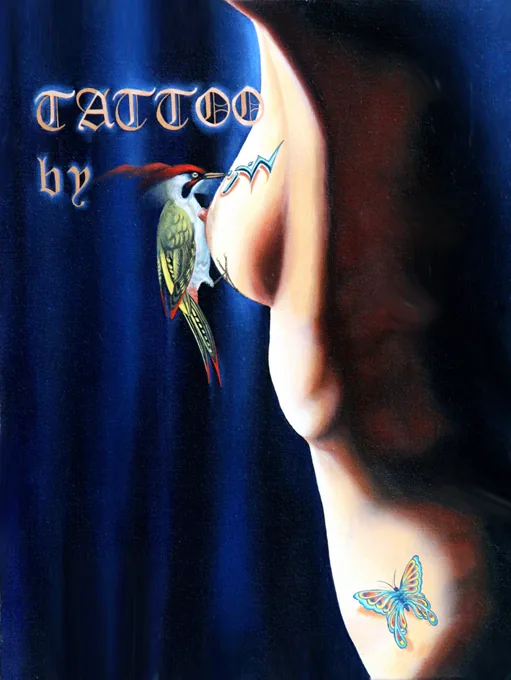 Stylized figure with tattoos and a bird against a blue background.