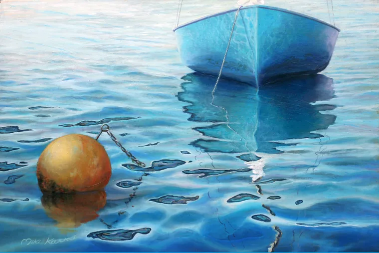 Blue boat and yellow buoy reflected in water.