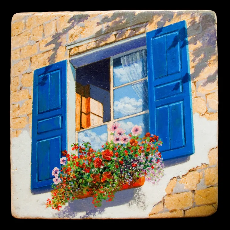Open blue shutters with a flower box painted on natural stone.