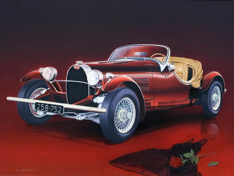 Classic Bugatti roadster on a dark red background.