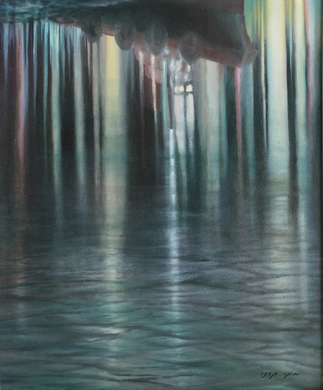 Vertical reflections of lights on dark harbor water.