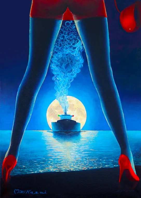 Moonlit ship framed by a female figure in red shoes.