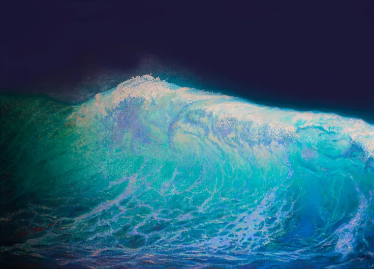 Luminous turquoise wave at night.