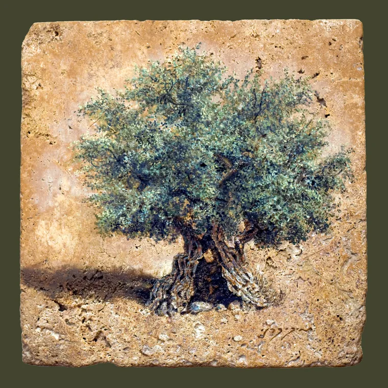 Olive tree painted on a square piece of Jerusalem stone.