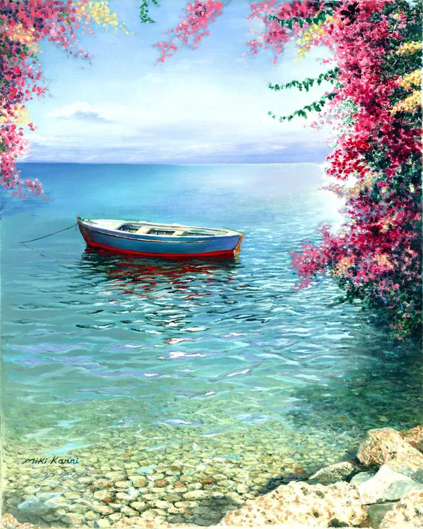 Small boat in blue water framed by pink bougainvillea.