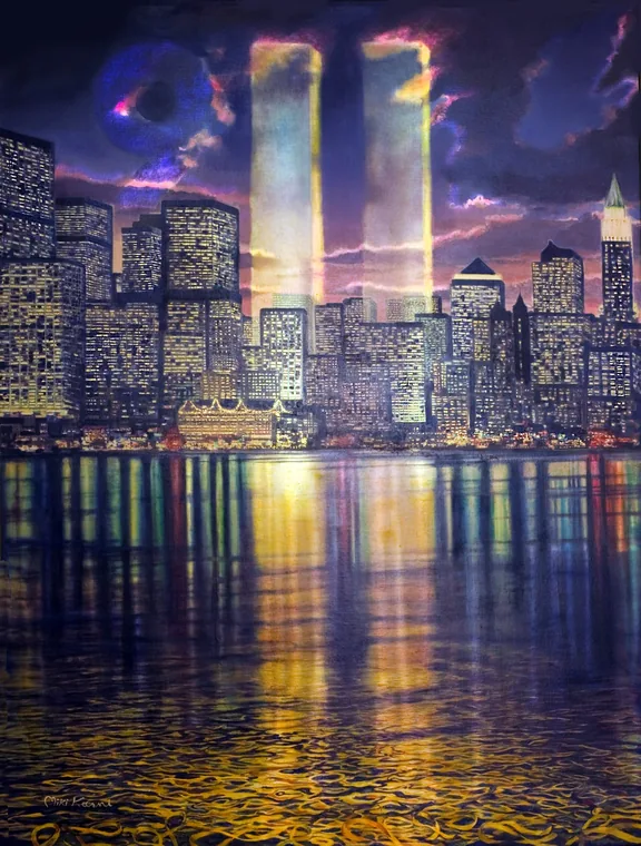 City skyline with twin beams of light reflected in water.